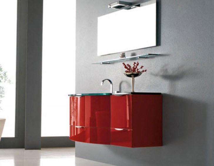Bathroom , Floating Bathroom Vanities Ideas : Red Wall Mounted Bathroom Vanity