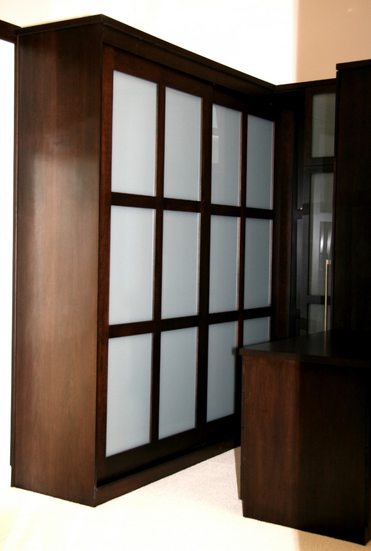 Furniture , 8 Charming Frosted sliding closet doors : Simple Dark Wooden Bedroom