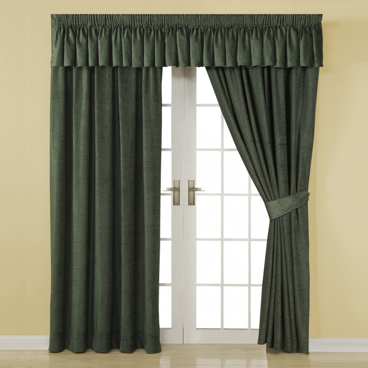 Others , 7 Charming Pleated curtains : Green Chenille Lined Pencil Pleat Curtains