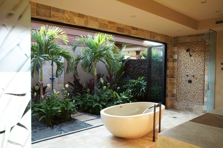 Bathroom , Lovely  Beach Style Bathroom Window Curtain Sets Picture Ideas : Beautiful  Tropical Bathroom Window Curtain Sets Picute