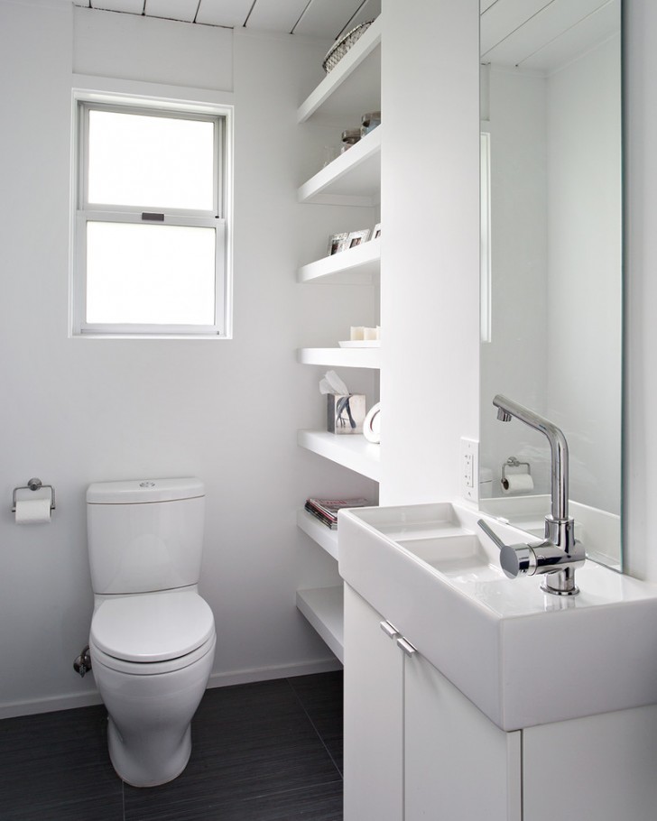 Powder Room , Lovely  Eclectic Shelves for Small Bathrooms Inspiration : Cool  Midcentury Shelves For Small Bathrooms Picute